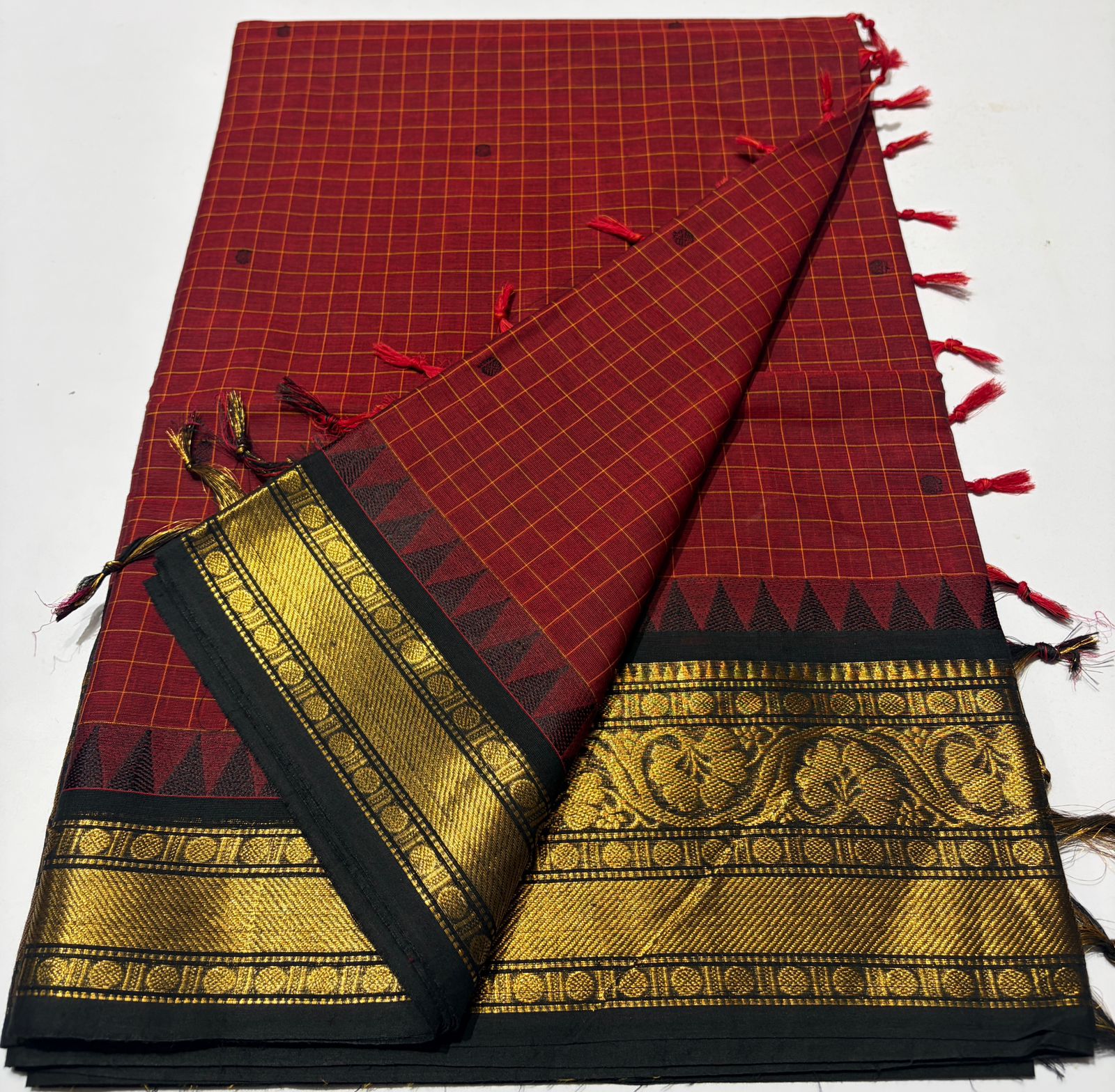 Blue body with a micro-check pattern Gadwal Cotton Silk Saree